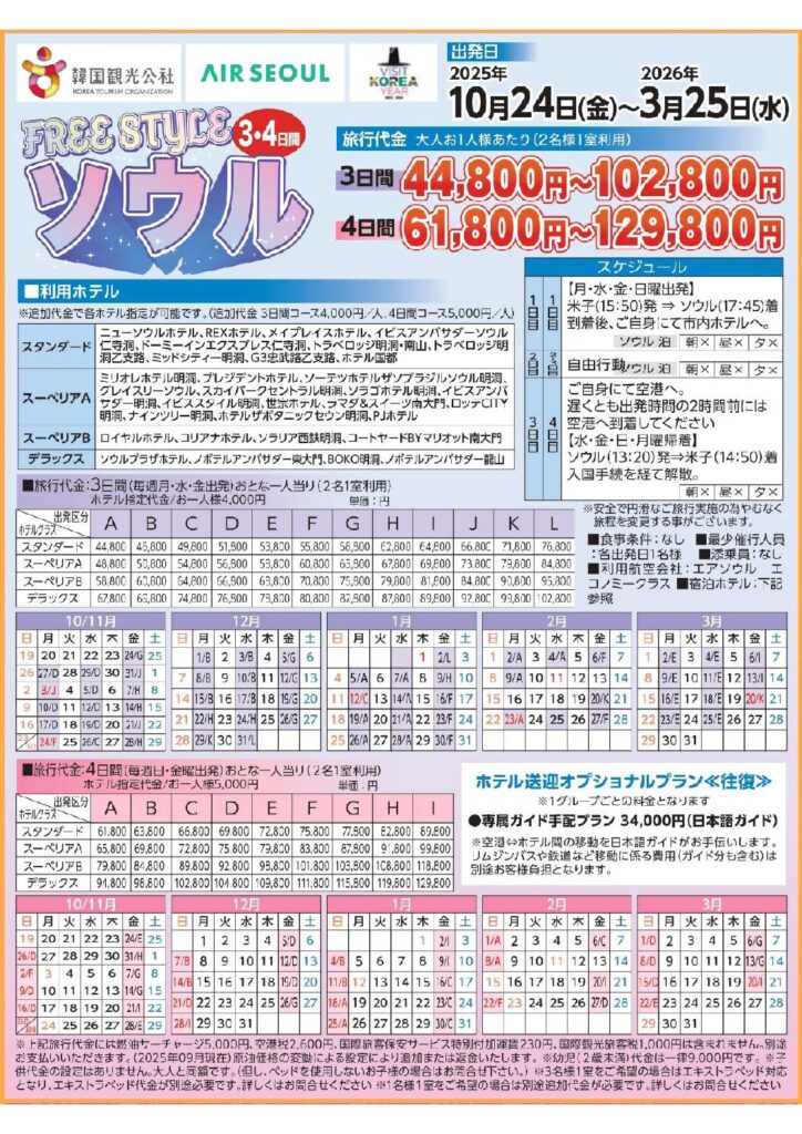 一畑トラベルサービスフリースタイルソウル3日間・4日間
